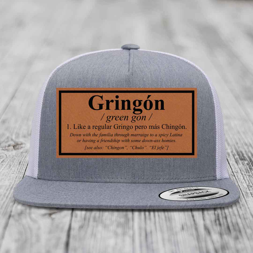 Gringon Definition - Leather Patch Hat - Rawhide to Black Patch - Yupoong 6006 Snapback Flatbill Hat