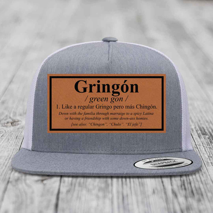 Gringon Definition - Leather Patch Hat - Rawhide to Black Patch - Yupoong 6006 Snapback Flatbill Hat