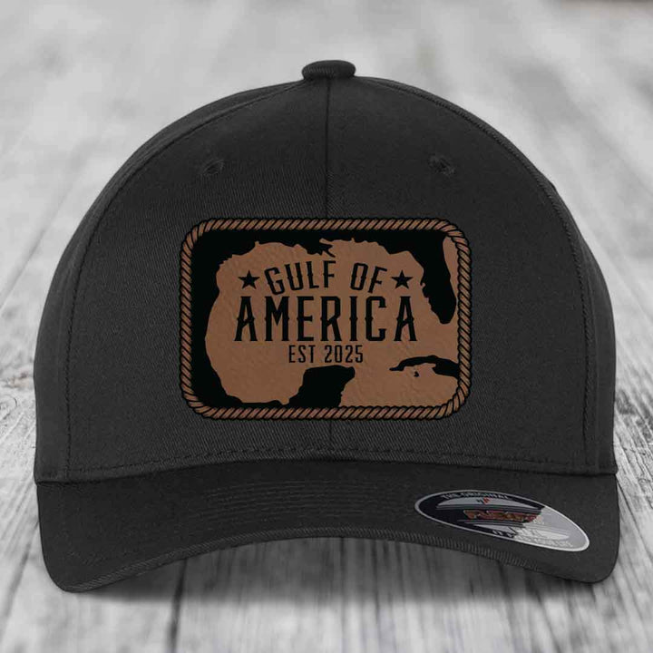 Gulf of America - Leather Patch Hat - Dark Brown to Black Patch - Flexfit 6277 Fitted Hat