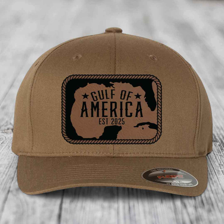 Gulf of America - Leather Patch Hat - Dark Brown to Black Patch - Flexfit 6277 Fitted Hat