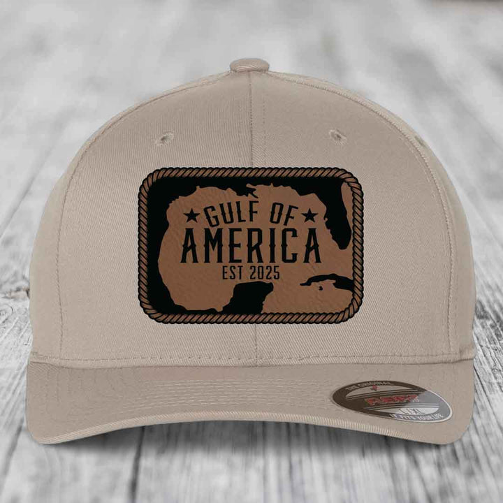 Gulf of America - Leather Patch Hat - Dark Brown to Black Patch - Flexfit 6277 Fitted Hat