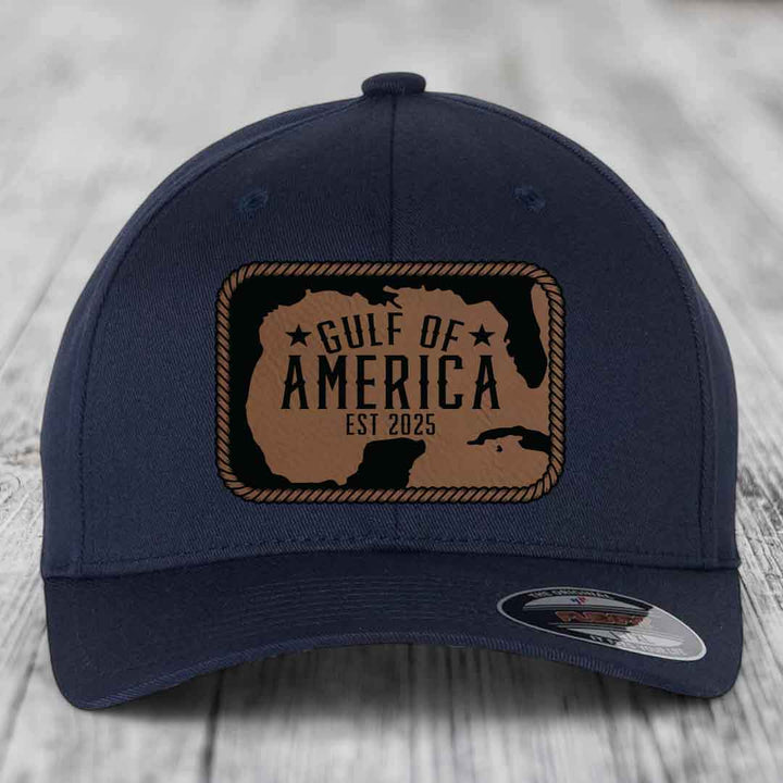 Gulf of America - Leather Patch Hat - Dark Brown to Black Patch - Flexfit 6277 Fitted Hat