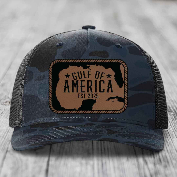 Gulf of America - Leather Patch Hat - Dark Brown to Black Patch - Richardson 112PFP Snapback Trucker Hat
