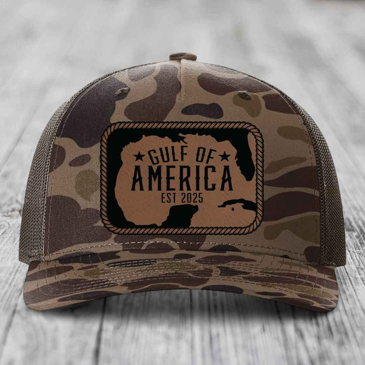 Gulf of America - Leather Patch Hat - Dark Brown to Black Patch - Richardson 112PFP Snapback Trucker Hat
