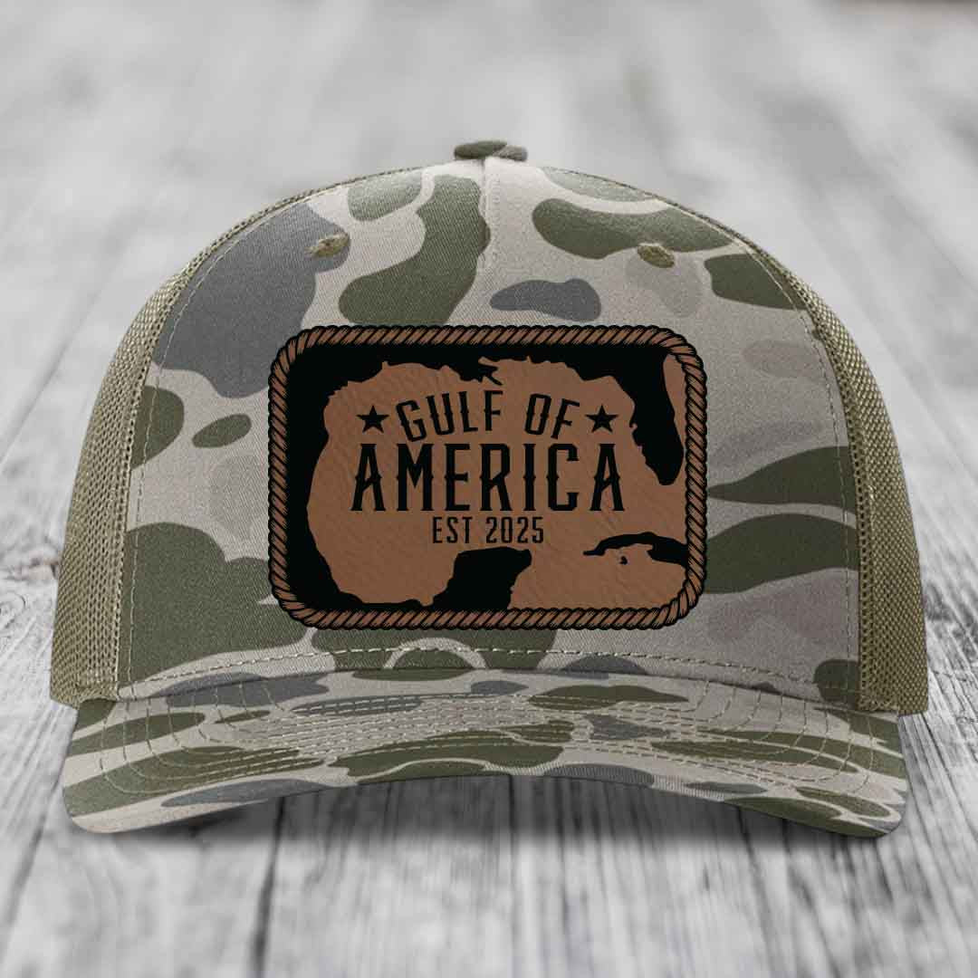 Gulf of America - Leather Patch Hat - Dark Brown to Black Patch - Richardson 112PFP Snapback Trucker Hat