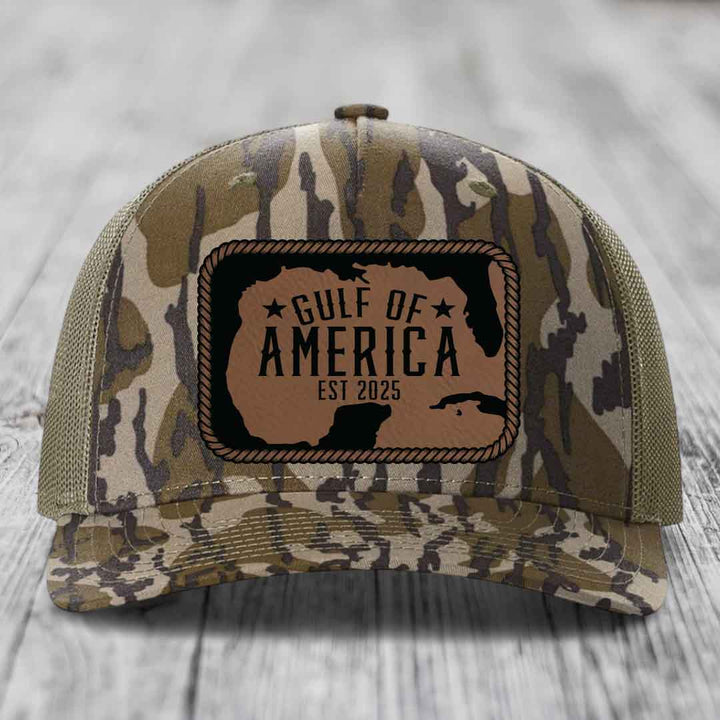 Gulf of America - Leather Patch Hat - Dark Brown to Black Patch - Richardson 112PFP Snapback Trucker Hat