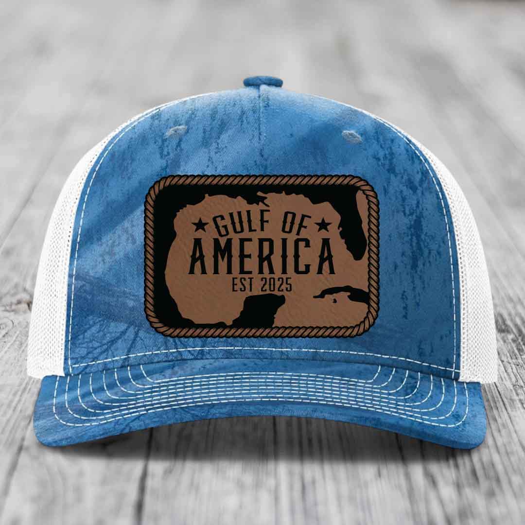 Gulf of America - Leather Patch Hat - Dark Brown to Black Patch - Richardson 112PFP Snapback Trucker Hat