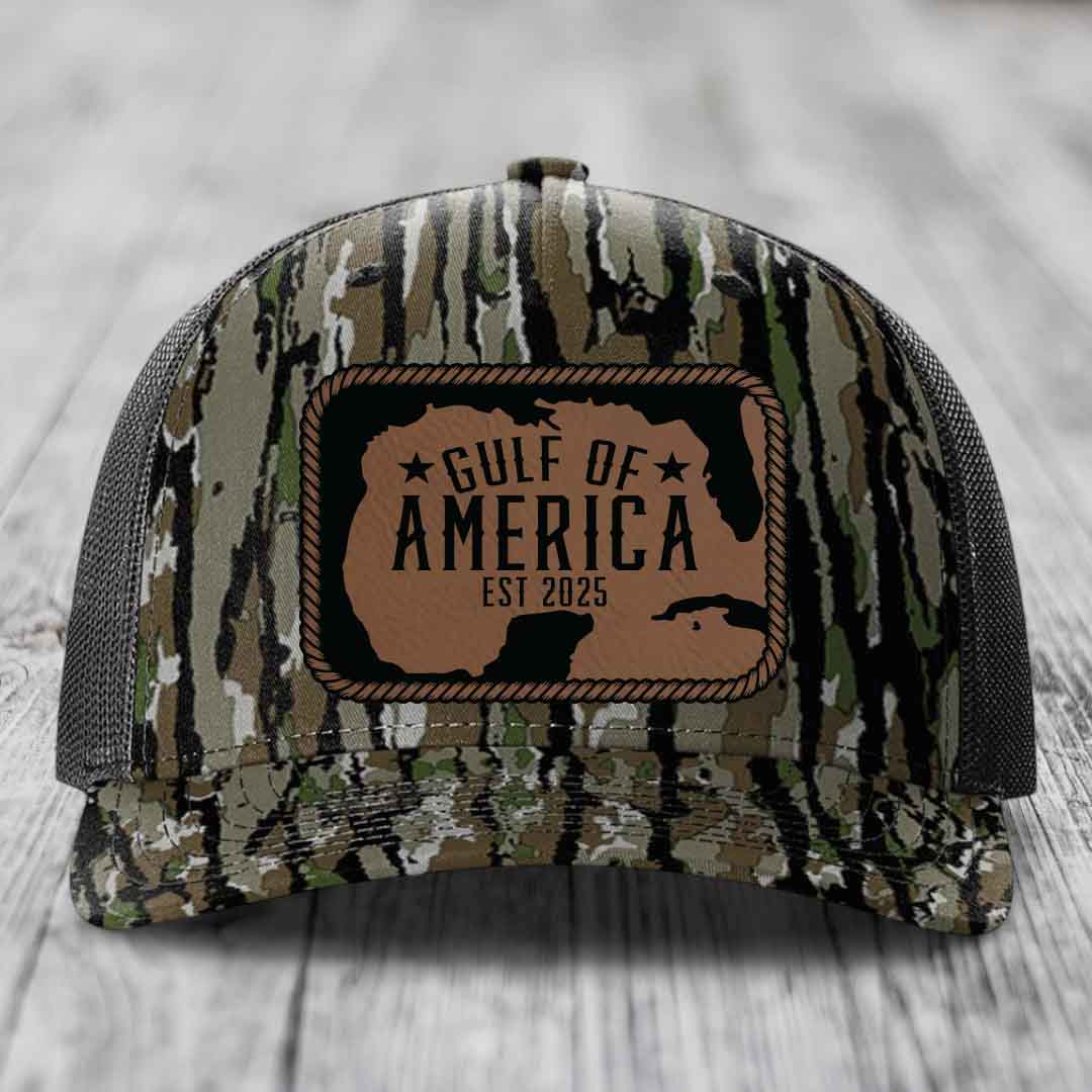 Gulf of America - Leather Patch Hat - Dark Brown to Black Patch - Richardson 112PFP Snapback Trucker Hat