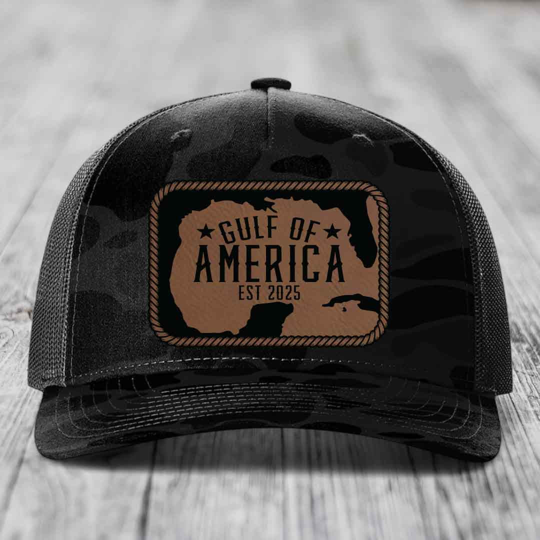 Gulf of America - Leather Patch Hat - Dark Brown to Black Patch - Richardson 112PFP Snapback Trucker Hat
