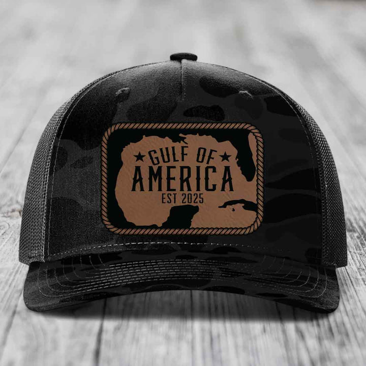 Gulf of America - Leather Patch Hat - Dark Brown to Black Patch - Richardson 112PFP Snapback Trucker Hat
