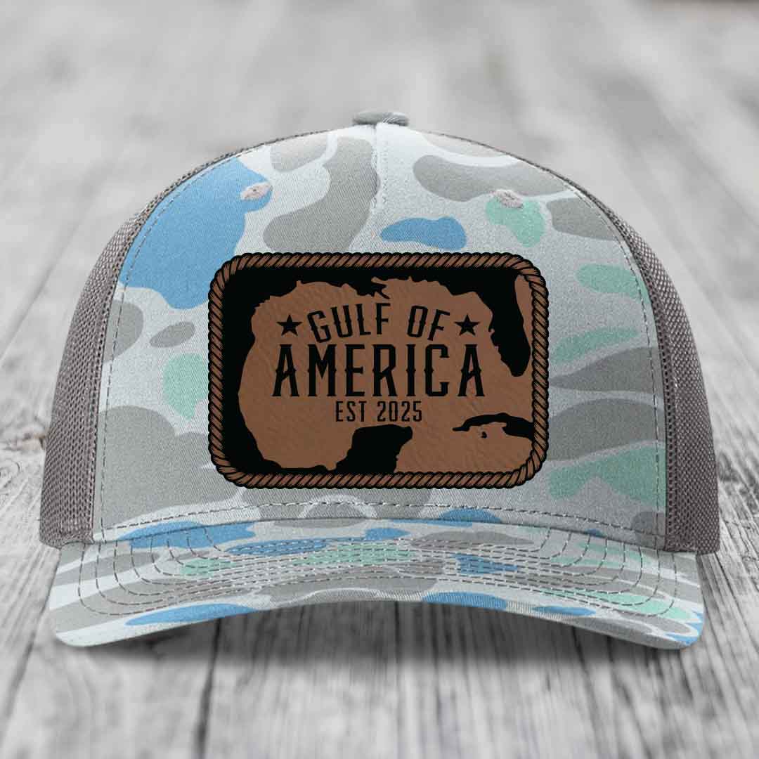 Gulf of America - Leather Patch Hat - Dark Brown to Black Patch - Richardson 112PFP Snapback Trucker Hat