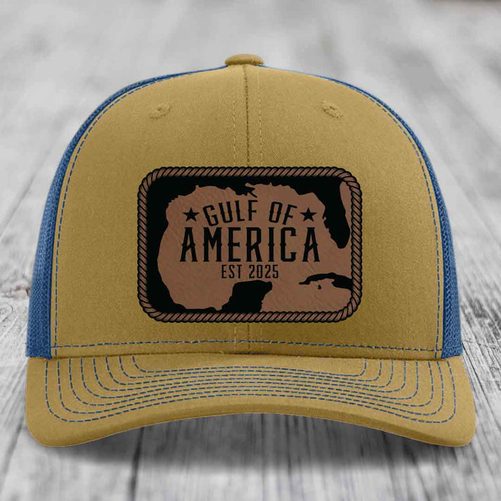 Gulf of America - Leather Patch Hat - Dark Brown to Black Patch - Richardson 112 Snapback Trucker Hat