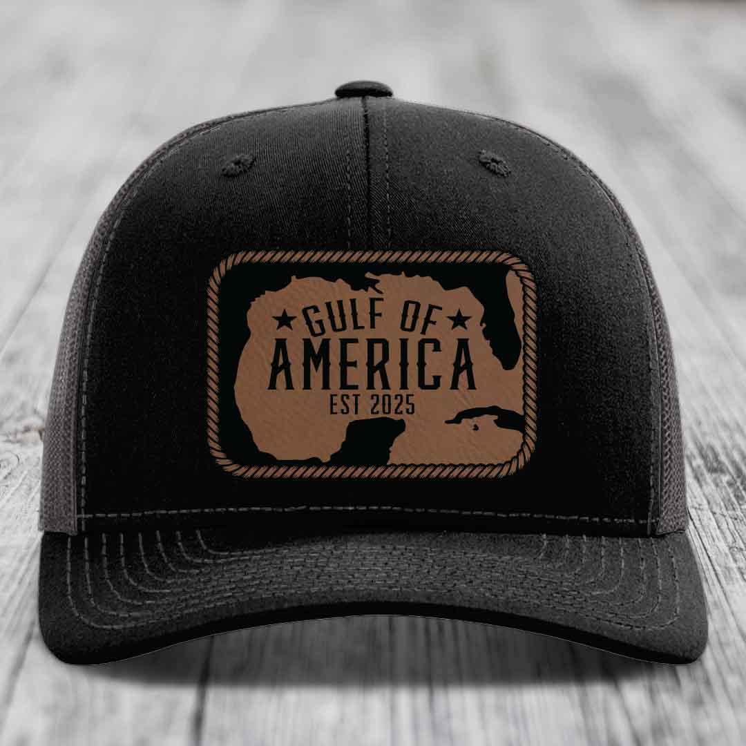 Gulf of America - Leather Patch Hat - Dark Brown to Black Patch - Richardson 112 Snapback Trucker Hat