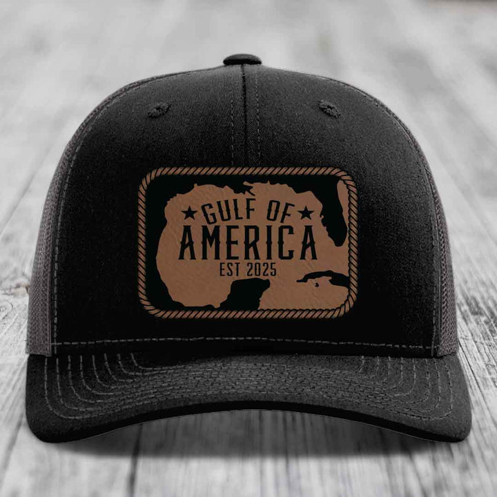 Gulf of America - Leather Patch Hat - Dark Brown to Black Patch - Richardson 112 Snapback Trucker Hat