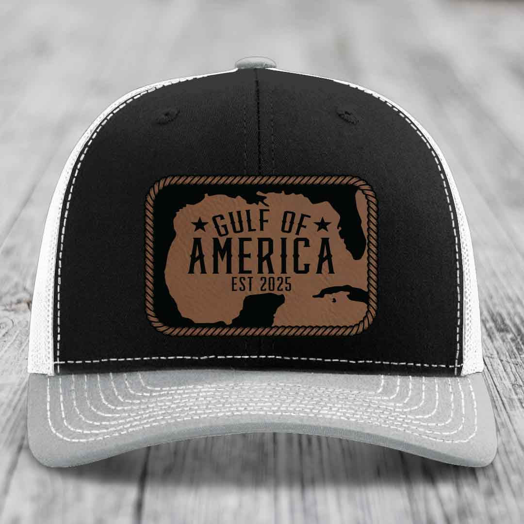 Gulf of America - Leather Patch Hat - Dark Brown to Black Patch - Richardson 112 Snapback Trucker Hat