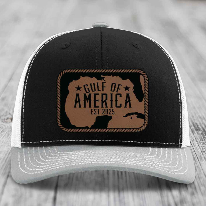 Gulf of America - Leather Patch Hat - Dark Brown to Black Patch - Richardson 112 Snapback Trucker Hat