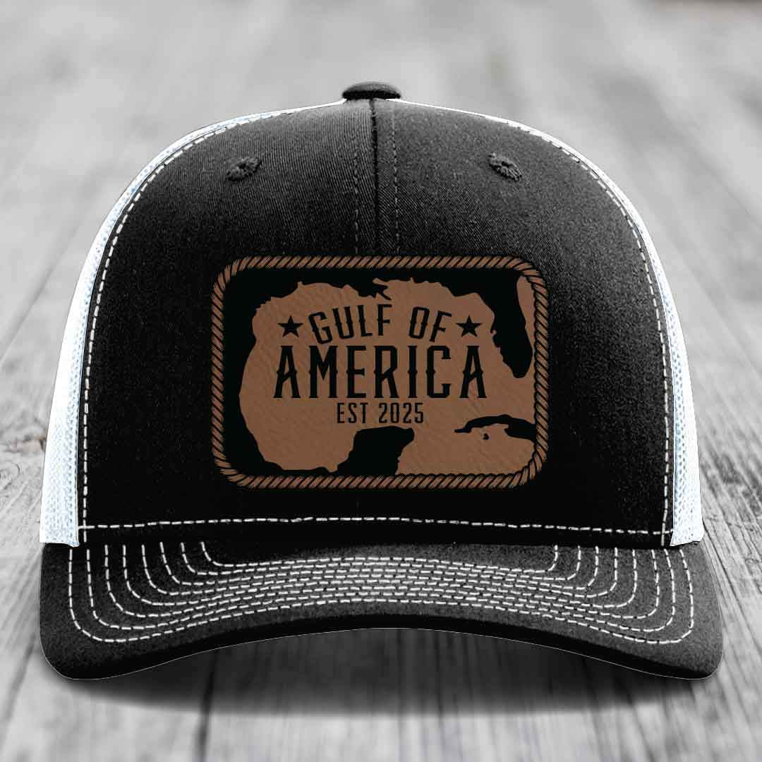 Gulf of America - Leather Patch Hat - Dark Brown to Black Patch - Richardson 112 Snapback Trucker Hat