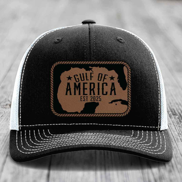 Gulf of America - Leather Patch Hat - Dark Brown to Black Patch - Richardson 112 Snapback Trucker Hat