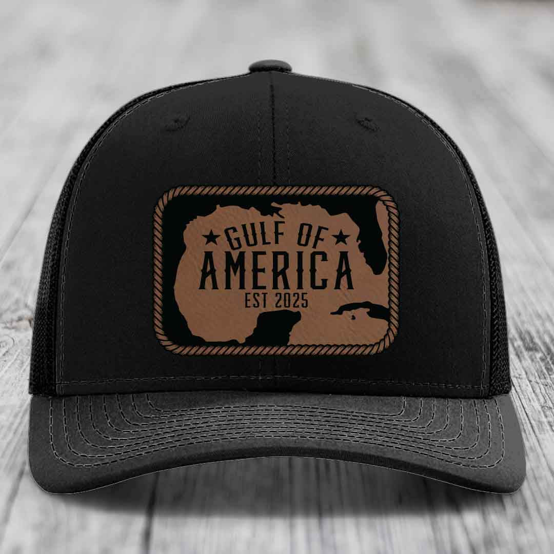 Gulf of America - Leather Patch Hat - Dark Brown to Black Patch - Richardson 112 Snapback Trucker Hat