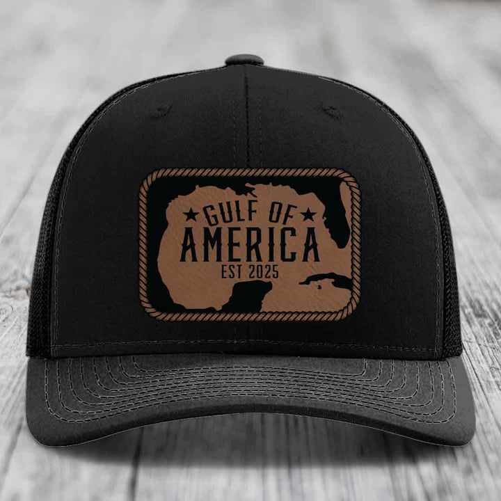 Gulf of America - Leather Patch Hat - Dark Brown to Black Patch - Richardson 112 Snapback Trucker Hat