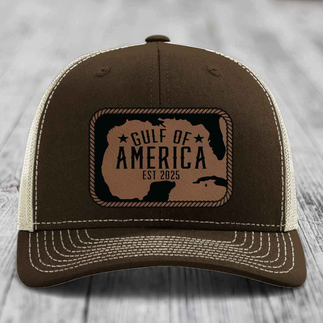 Gulf of America - Leather Patch Hat - Dark Brown to Black Patch - Richardson 112 Snapback Trucker Hat