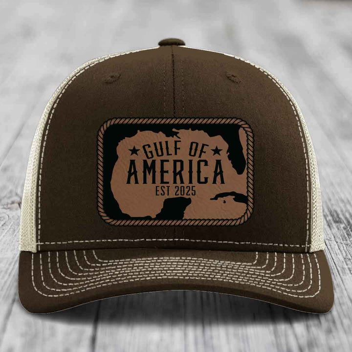 Gulf of America - Leather Patch Hat - Dark Brown to Black Patch - Richardson 112 Snapback Trucker Hat