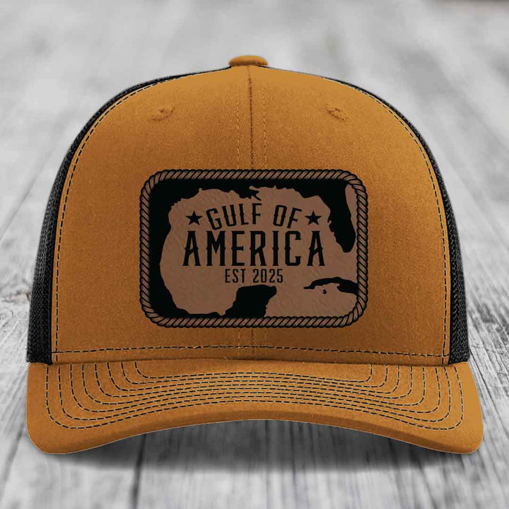 Gulf of America - Leather Patch Hat - Dark Brown to Black Patch - Richardson 112 Snapback Trucker Hat