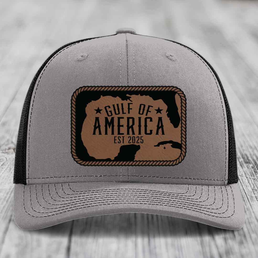 Gulf of America - Leather Patch Hat - Dark Brown to Black Patch - Richardson 112 Snapback Trucker Hat