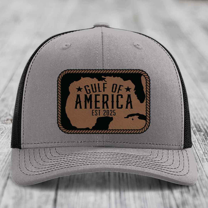 Gulf of America - Leather Patch Hat - Dark Brown to Black Patch - Richardson 112 Snapback Trucker Hat