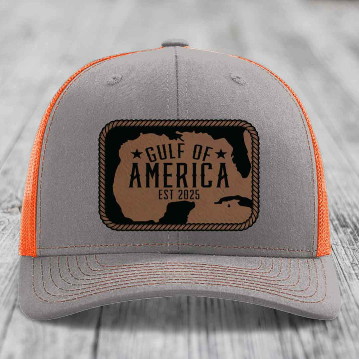 Gulf of America - Leather Patch Hat - Dark Brown to Black Patch - Richardson 112 Snapback Trucker Hat