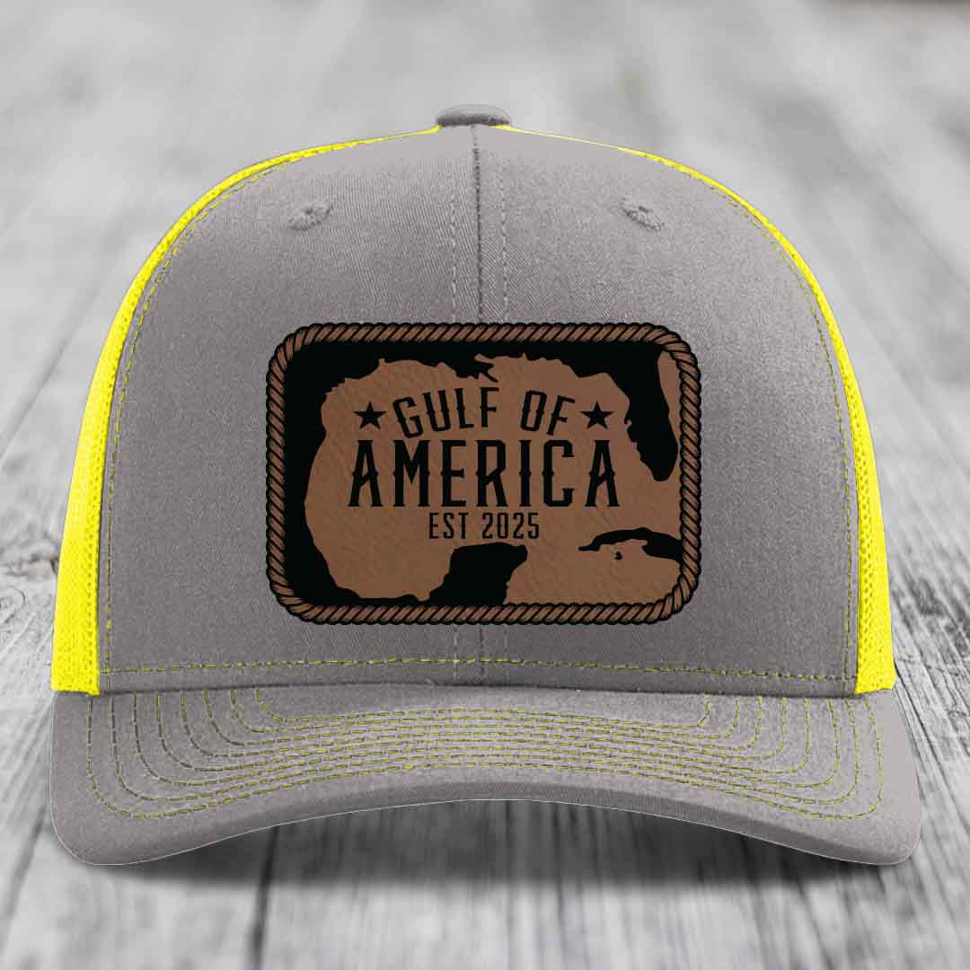 Gulf of America - Leather Patch Hat - Dark Brown to Black Patch - Richardson 112 Snapback Trucker Hat