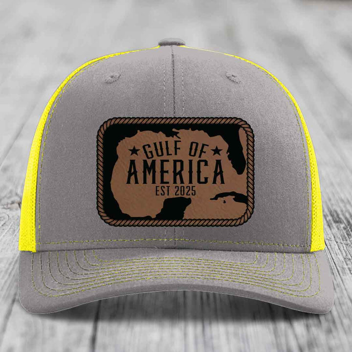 Gulf of America - Leather Patch Hat - Dark Brown to Black Patch - Richardson 112 Snapback Trucker Hat