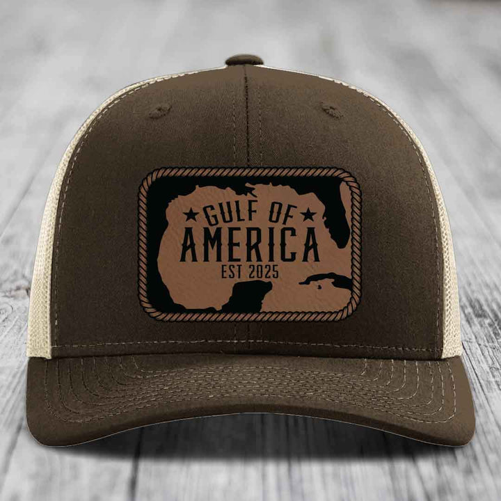 Gulf of America - Leather Patch Hat - Dark Brown to Black Patch - Richardson 112 Snapback Trucker Hat