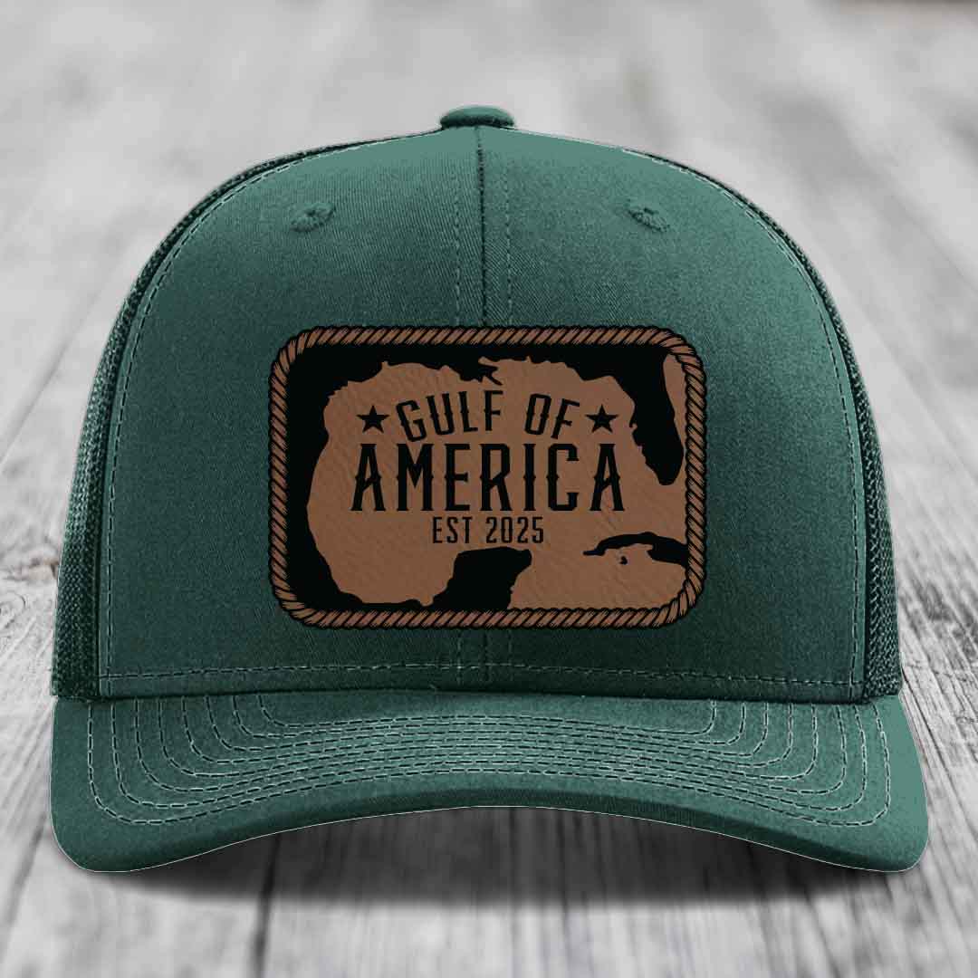 Gulf of America - Leather Patch Hat - Dark Brown to Black Patch - Richardson 112 Snapback Trucker Hat