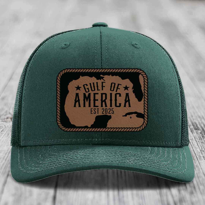 Gulf of America - Leather Patch Hat - Dark Brown to Black Patch - Richardson 112 Snapback Trucker Hat