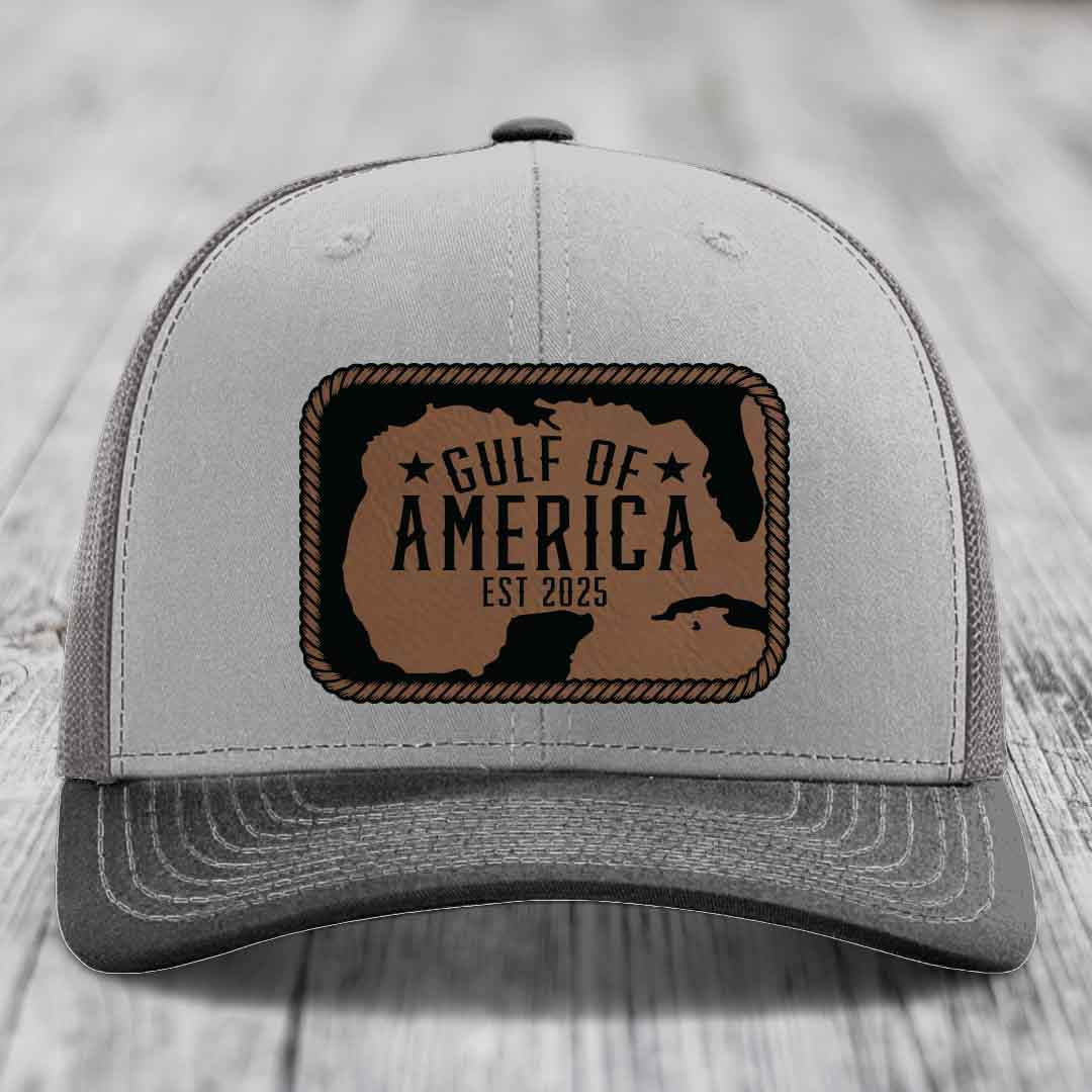 Gulf of America - Leather Patch Hat - Dark Brown to Black Patch - Richardson 112 Snapback Trucker Hat