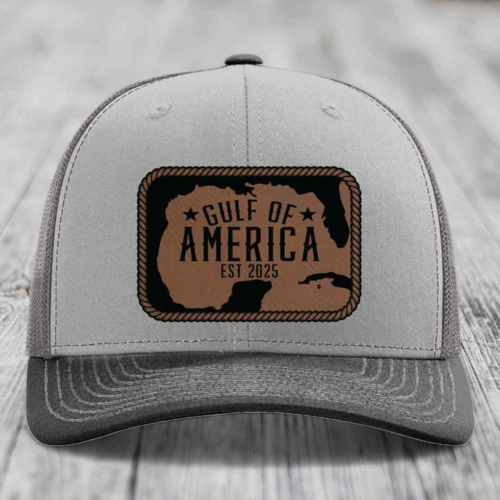 Gulf of America - Leather Patch Hat - Dark Brown to Black Patch - Richardson 112 Snapback Trucker Hat