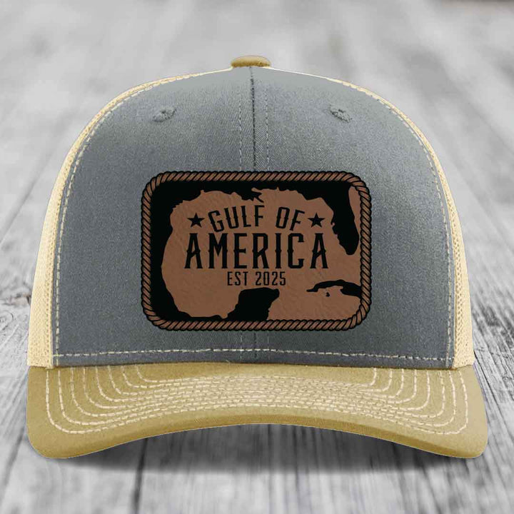 Gulf of America - Leather Patch Hat - Dark Brown to Black Patch - Richardson 112 Snapback Trucker Hat