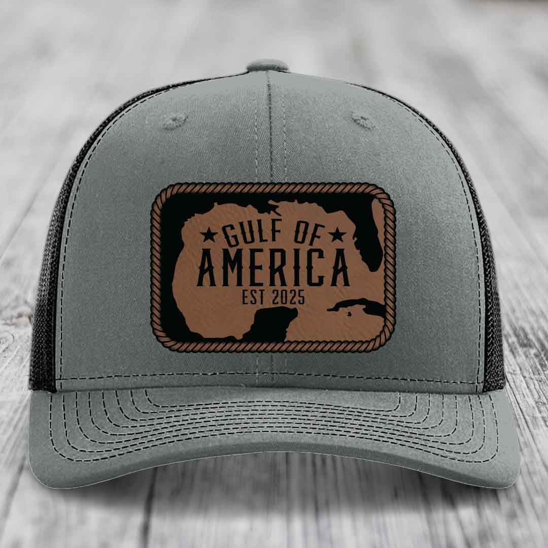 Gulf of America - Leather Patch Hat - Dark Brown to Black Patch - Richardson 112 Snapback Trucker Hat