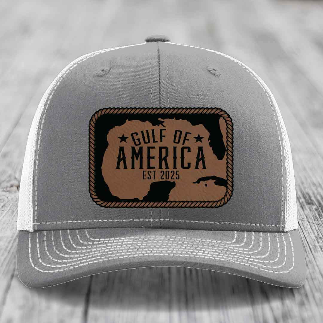 Gulf of America - Leather Patch Hat - Dark Brown to Black Patch - Richardson 112 Snapback Trucker Hat