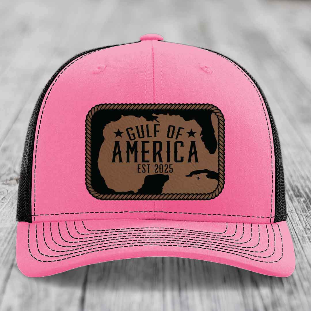 Gulf of America - Leather Patch Hat - Dark Brown to Black Patch - Richardson 112 Snapback Trucker Hat