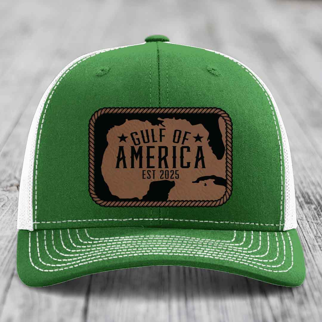 Gulf of America - Leather Patch Hat - Dark Brown to Black Patch - Richardson 112 Snapback Trucker Hat