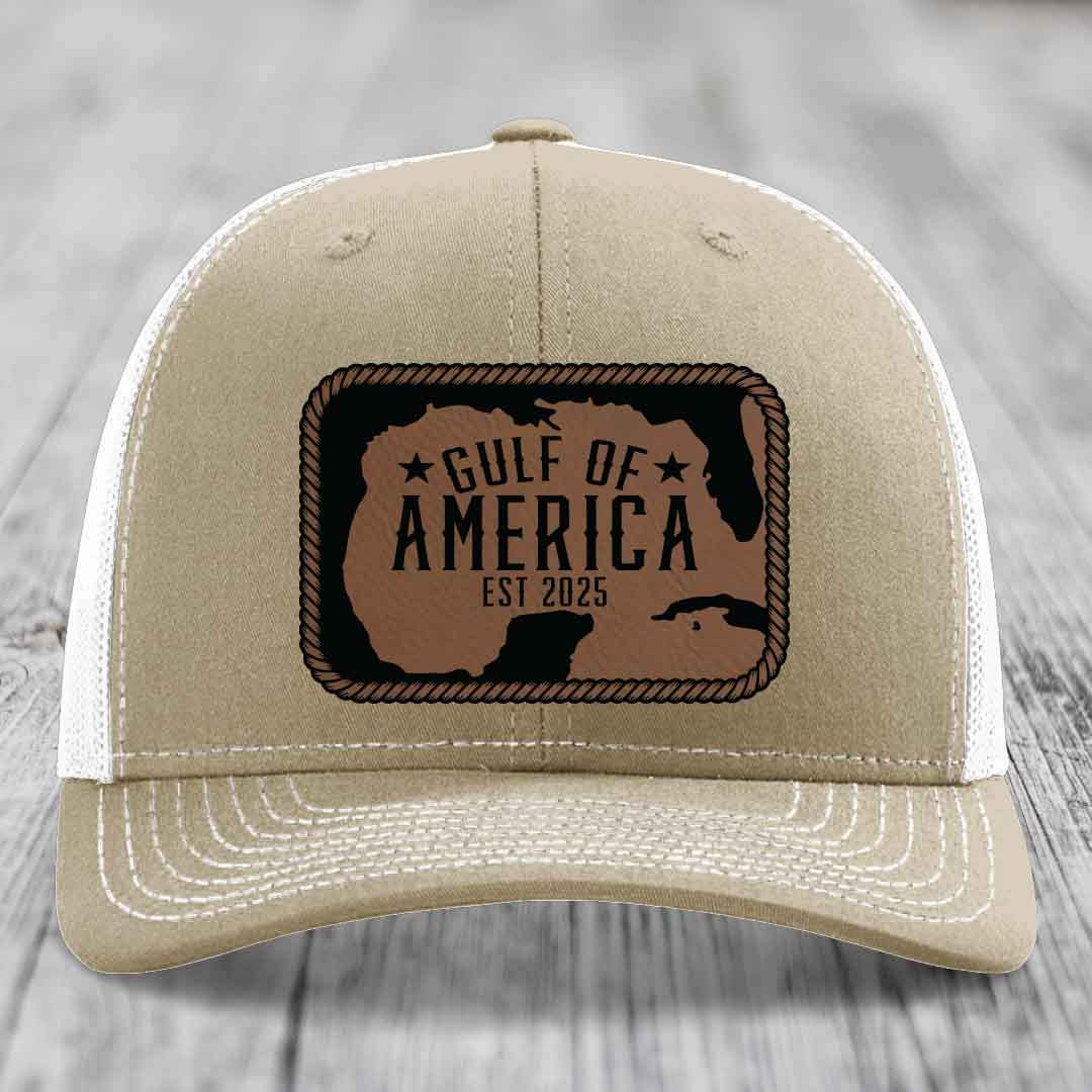Gulf of America - Leather Patch Hat - Dark Brown to Black Patch - Richardson 112 Snapback Trucker Hat
