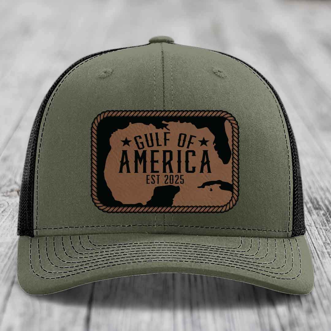 Gulf of America - Leather Patch Hat - Dark Brown to Black Patch - Richardson 112 Snapback Trucker Hat