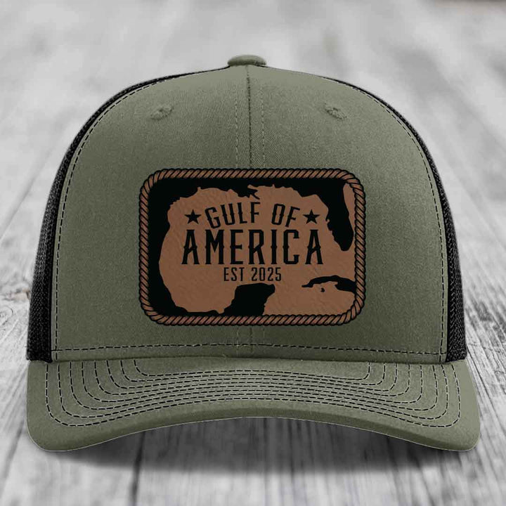 Gulf of America - Leather Patch Hat - Dark Brown to Black Patch - Richardson 112 Snapback Trucker Hat