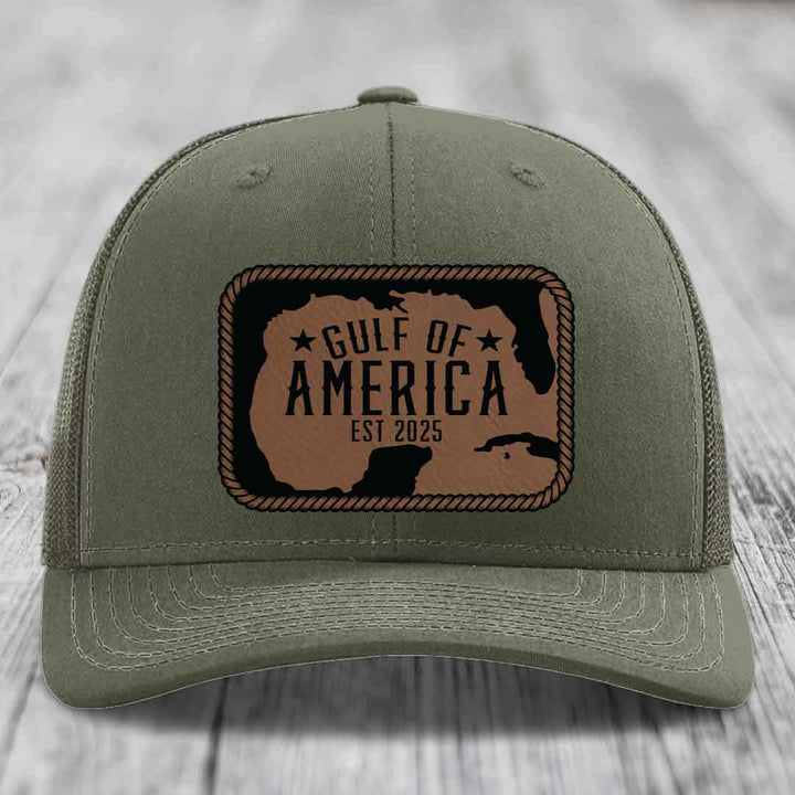 Gulf of America - Leather Patch Hat - Dark Brown to Black Patch - Richardson 112 Snapback Trucker Hat