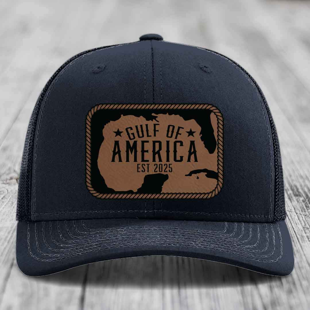 Gulf of America - Leather Patch Hat - Dark Brown to Black Patch - Richardson 112 Snapback Trucker Hat