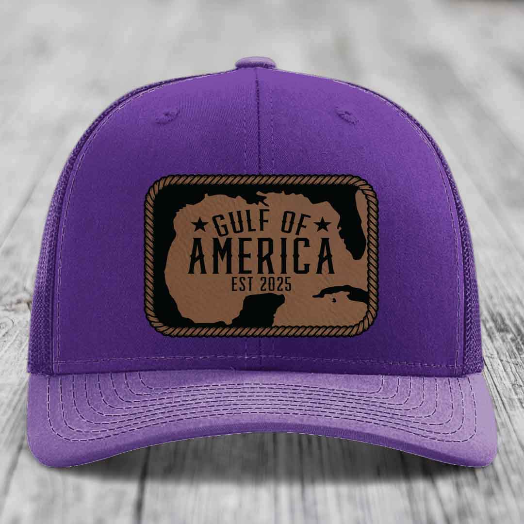 Gulf of America - Leather Patch Hat - Dark Brown to Black Patch - Richardson 112 Snapback Trucker Hat