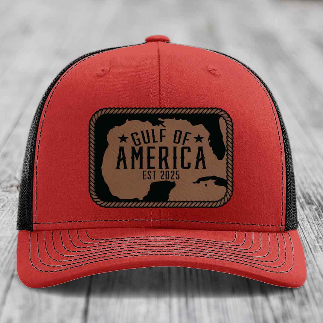 Gulf of America - Leather Patch Hat - Dark Brown to Black Patch - Richardson 112 Snapback Trucker Hat