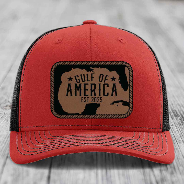 Gulf of America - Leather Patch Hat - Dark Brown to Black Patch - Richardson 112 Snapback Trucker Hat